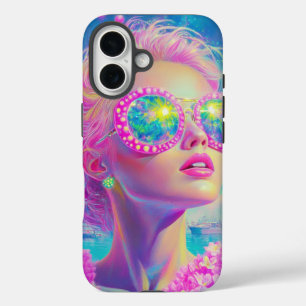 Glamourous Neon Woman with Sparkling Glasses iPhone 16 Case