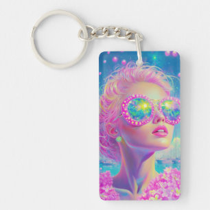Glamourous Neon Woman with Sparkling Glasses Key Ring