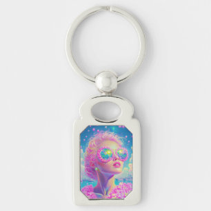 Glamourous Neon Woman with Sparkling Glasses Key Ring