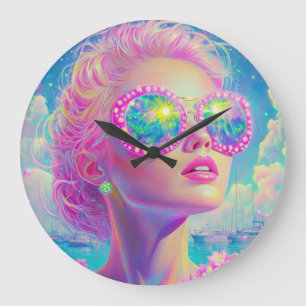 Glamourous Neon Woman with Sparkling Glasses Large Clock