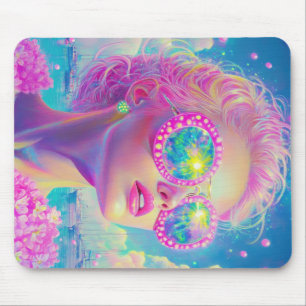 Glamourous Neon Woman with Sparkling Glasses Mouse Mat