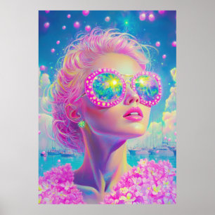 Glamourous Neon Woman with Sparkling Glasses Poster