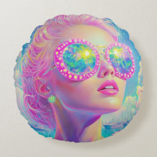 Glamourous Neon Woman with Sparkling Glasses Round Cushion