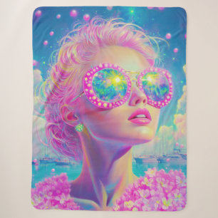 Glamourous Neon Woman with Sparkling Glasses Sherpa Blanket