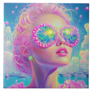 Glamourous Neon Woman with Sparkling Glasses Tile