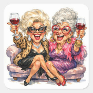 Glamourous Old Ladies With Red Wine Square Sticker