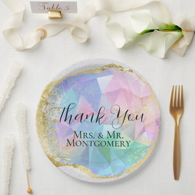 Glamourous Opal Gemstone with Gold on White Glitte Paper Plate (Wedding)