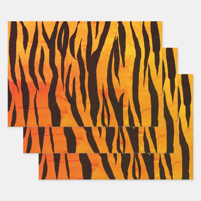 Glamourous Orange Black Yellow Ombre Tiger Print Wrapping Paper Sheet (Set)