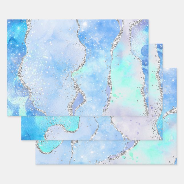 Glamourous Pastel Blue & Silver Glitter Agate Wrapping Paper Sheet (Set)
