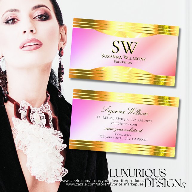 Glamourous Pastel Pink Gold Borders with Monogram Business Card (Creator Uploaded)