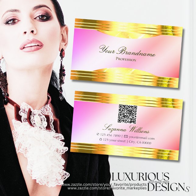 Glamourous Pastel Pink Gold Borders with QR Code Business Card (Creator Uploaded)