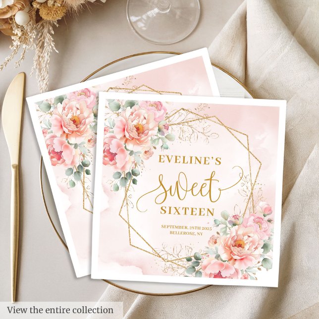 Glamourous Pastel Pink Gold Floral Sweet 16 Napkin (Glamorous Pastel Pink Gold Floral Sweet 16 Napkins)
