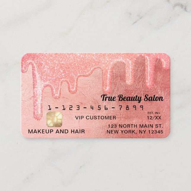 Glamourous Peach Pink Thick Glitter Drips Credit Business Card (Front)