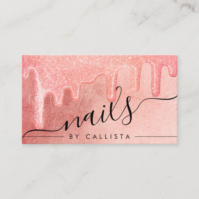 Glamourous Peach Pink Thick Glitter Drips Nails Business Card (Front)