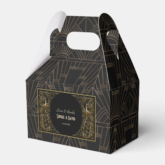 Glamourous Peacock Gold Black Art Deco Wedding Favour Box (Front Side)