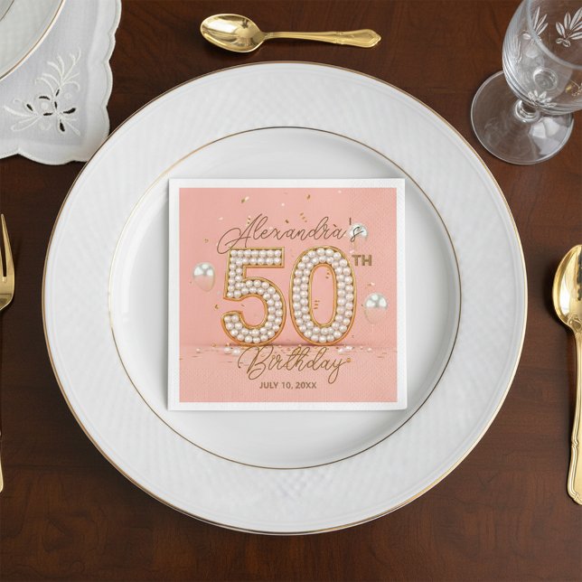 Glamourous Pearly Soft Pink and Gold 50th Birthday Napkin (Creator Uploaded)