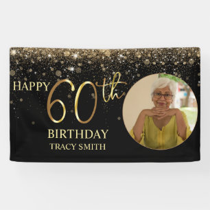 Glamourous Photo Black Gold Glitter 60th Birthday Banner