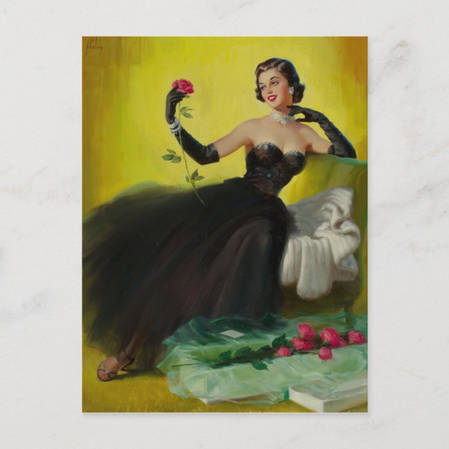 Glamourous Pin-Up with Roses Postcard (Front)