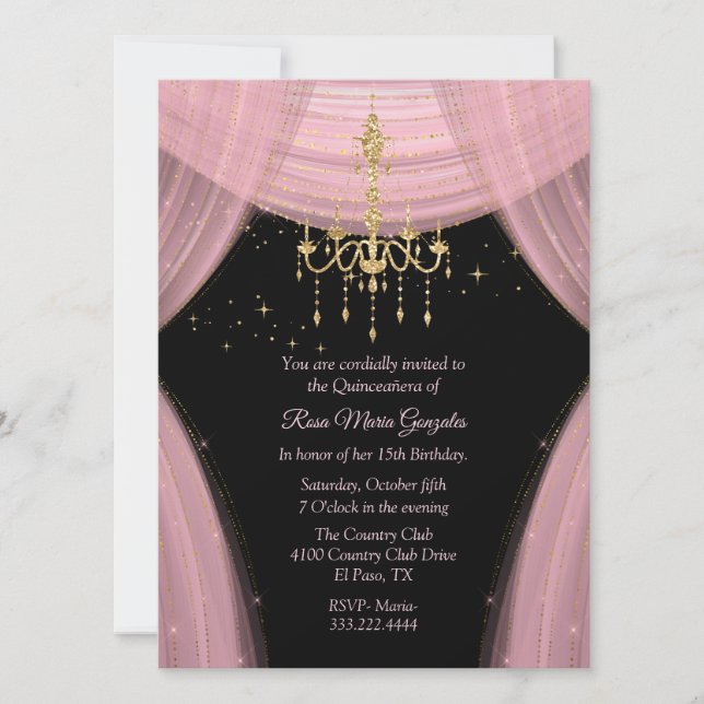 Glamourous Pink and Black Quinceañera Invitation (Front)