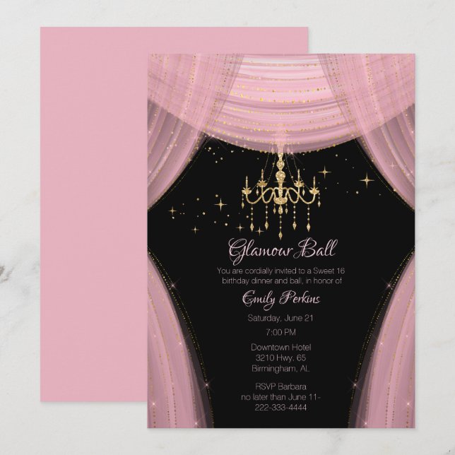 Glamourous Pink and Black Sweet Sixteen Invitation (Front/Back)
