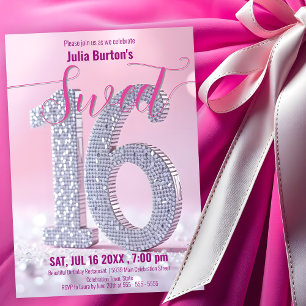 Glamourous Pink and Diamond Sweet 16 Celebration Invitation