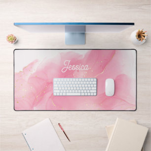 Glamourous Pink and Gold Swirls Personalised Desk Mat