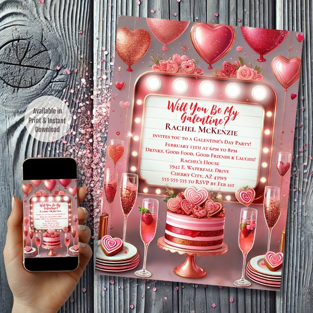 Glamourous Pink and Red Celebration Galentine's Da Invitation (Marquee Galentine's Day)