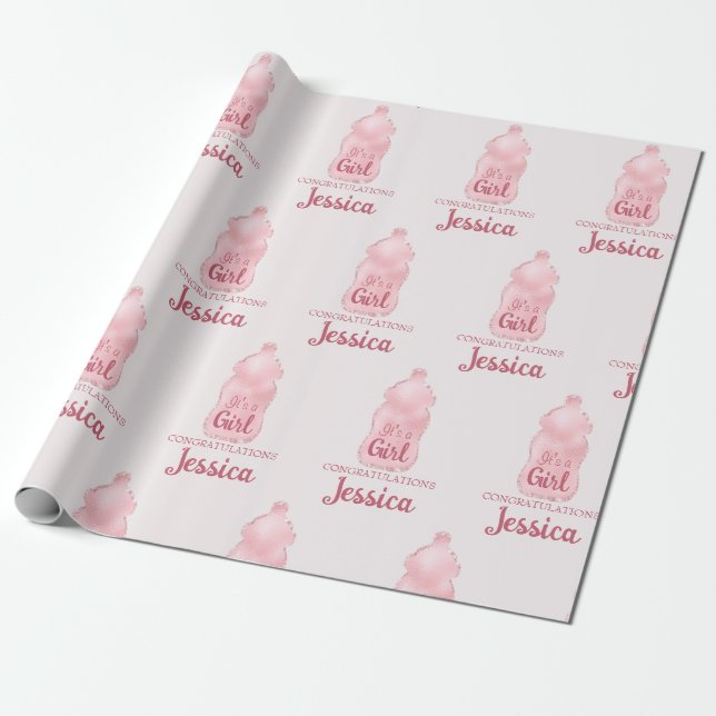 Glamourous Pink Baby Bottle Baby Shower Wrapping Paper (Unrolled)