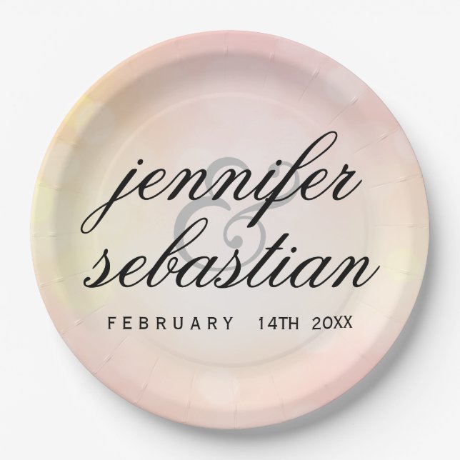 Glamourous Pink Bokeh Light monogram wedding Paper Plate (Front)