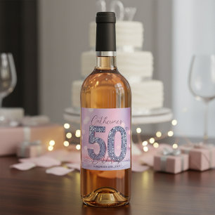 Glamourous Pink Bokeh Silver Sequins 50th Birthday Wine Label