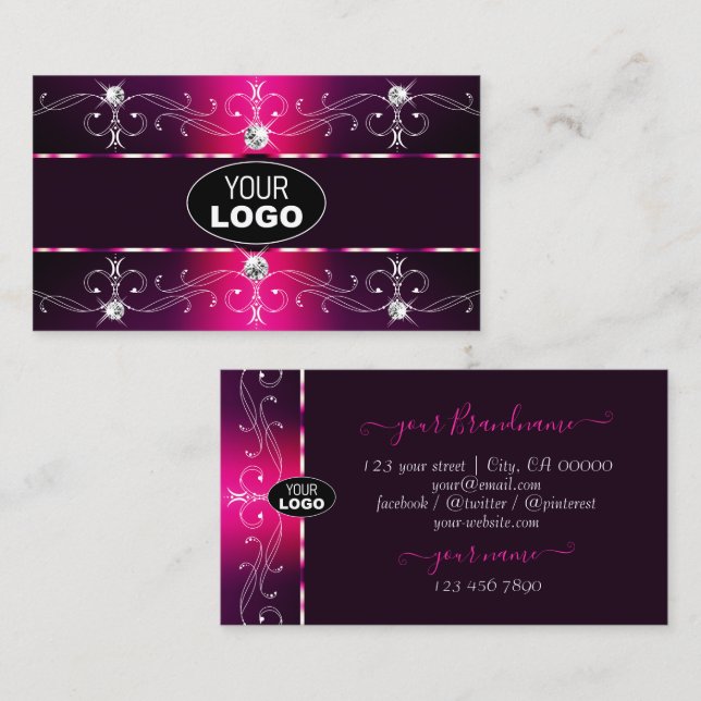 Glamourous Pink Burgundy Ornate Borders with Logo Business Card (Front/Back)