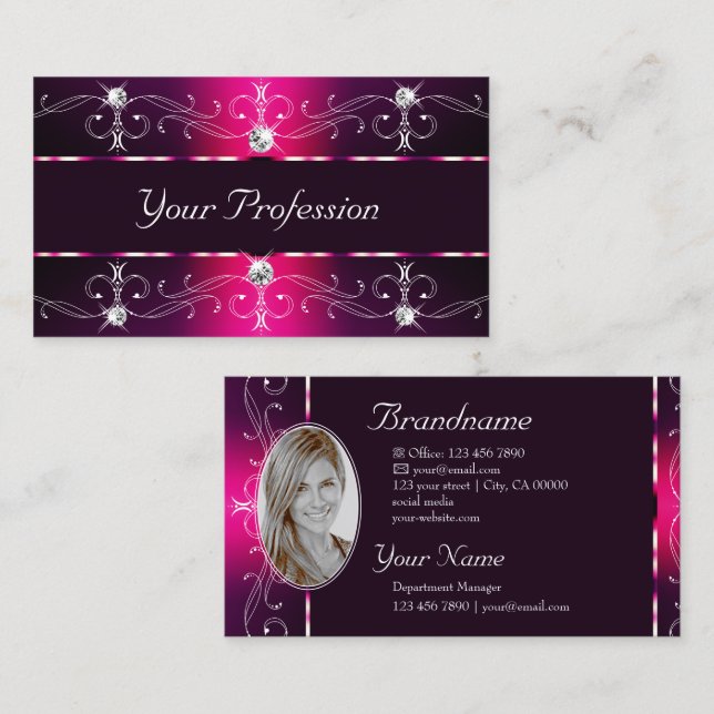 Glamourous Pink Burgundy Ornate Borders with Photo Business Card (Front/Back)