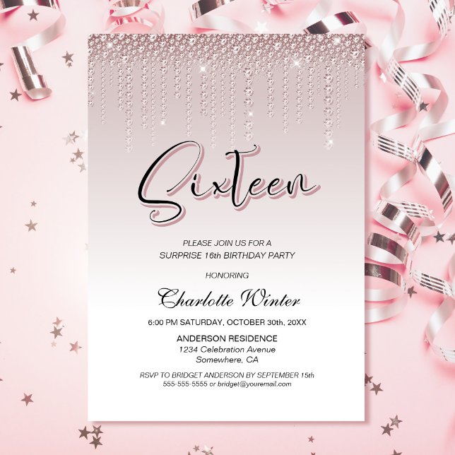 Glamourous Pink Diamonds Surprise 16th Birthday  Invitation (Creator Uploaded)