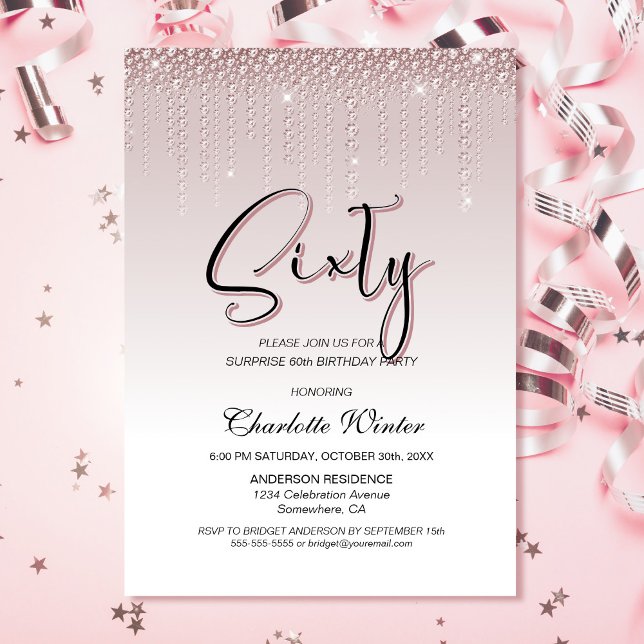 Glamourous Pink Diamonds Surprise 60th Birthday Invitation (Creator Uploaded)