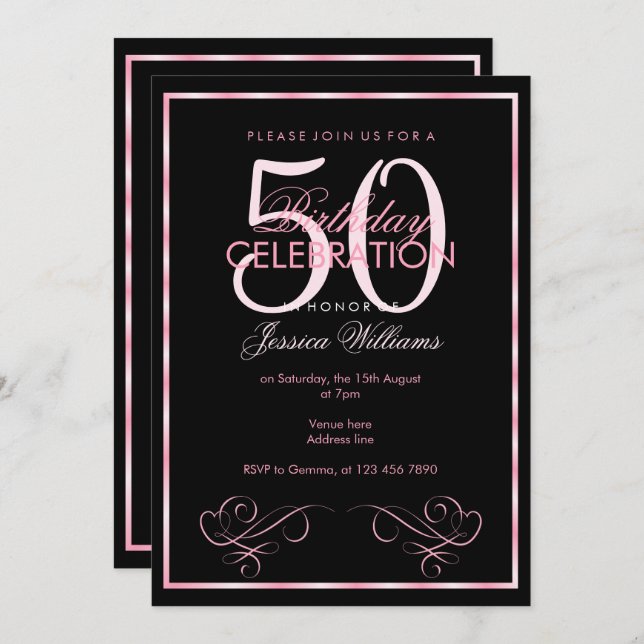 Glamourous Pink Frame Women's 50th Birthday Invitation (Front/Back)