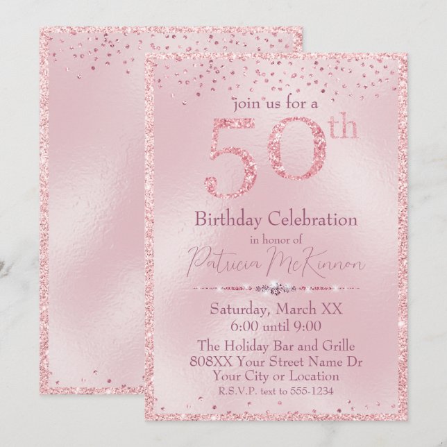 Glamourous Pink Glitter 50th Birthday Invitation (Front/Back)