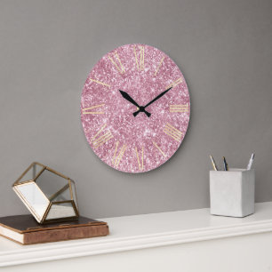 Glamourous Pink Glitter and Gold Large Clock