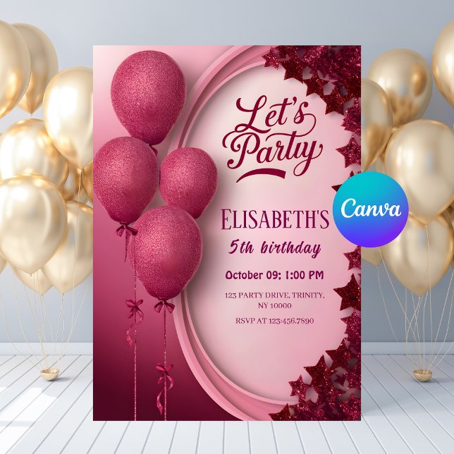 Glamourous Pink Glitter Balloons & Stars Birthday Invitation (Glamorous Pink Glitter Balloons & Stars Birthday Invitation
)