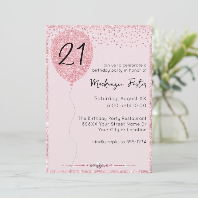 Glamourous Pink Glitter & Diamonds Birthday Balloo Invitation (Standing Front)