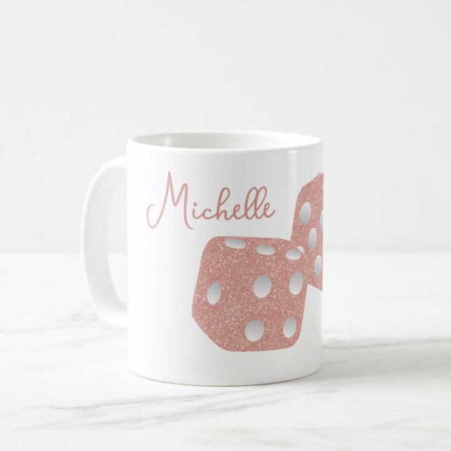 Glamourous Pink Glitter Dice Personalised Name Coffee Mug (Front Left)