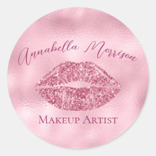 Glamourous Pink Glitter Lips Classic Round Sticker