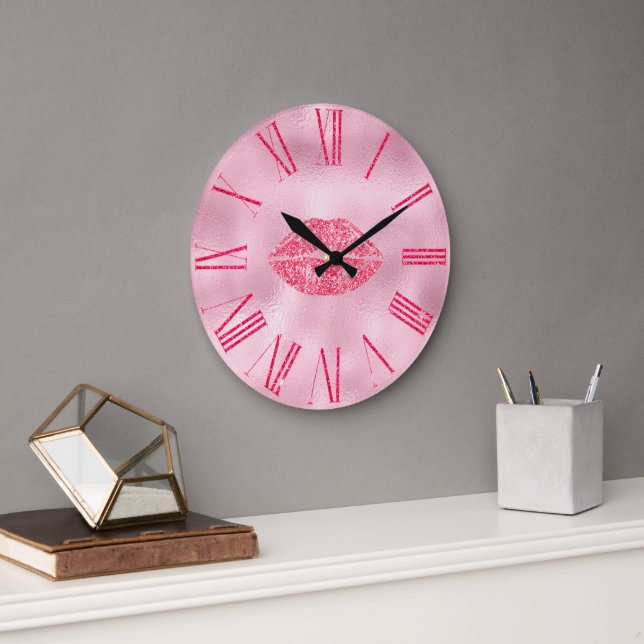Glamourous Pink Glitter Lips Large Clock (Office)