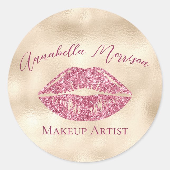 Glamourous Pink Glitter Lips on Champagne Gold Classic Round Sticker (Front)