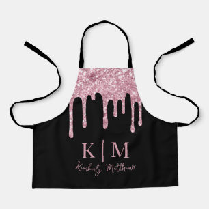 Glamourous Pink Glitter Monogram Initials on Black Apron