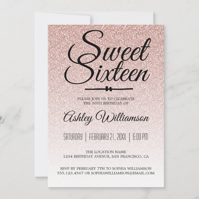 Glamourous Pink Glitter Ombre Sweet 16 Birthday Invitation (Front)