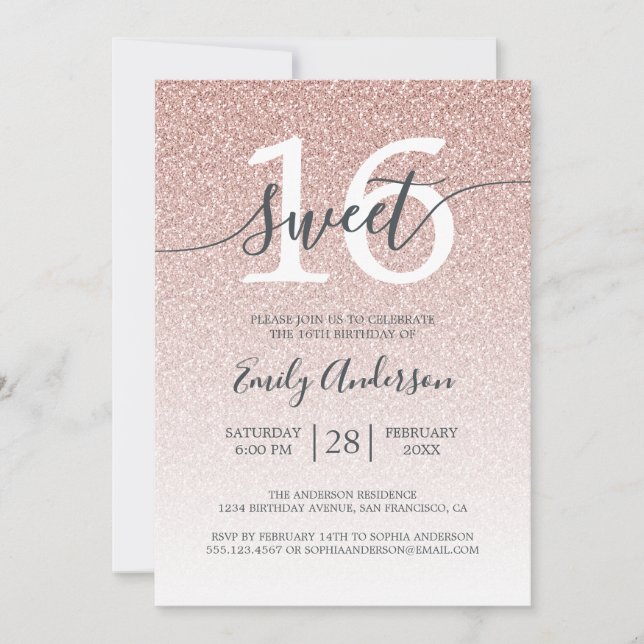 Glamourous Pink Glitter Ombre Sweet 16 Birthday Invitation (Front)