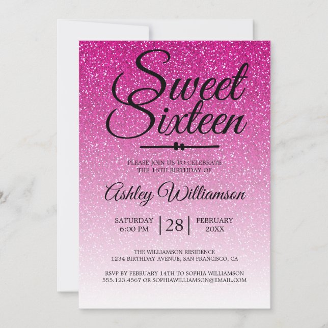 Glamourous Pink Glitter Ombre Sweet 16 Birthday Invitation (Front)