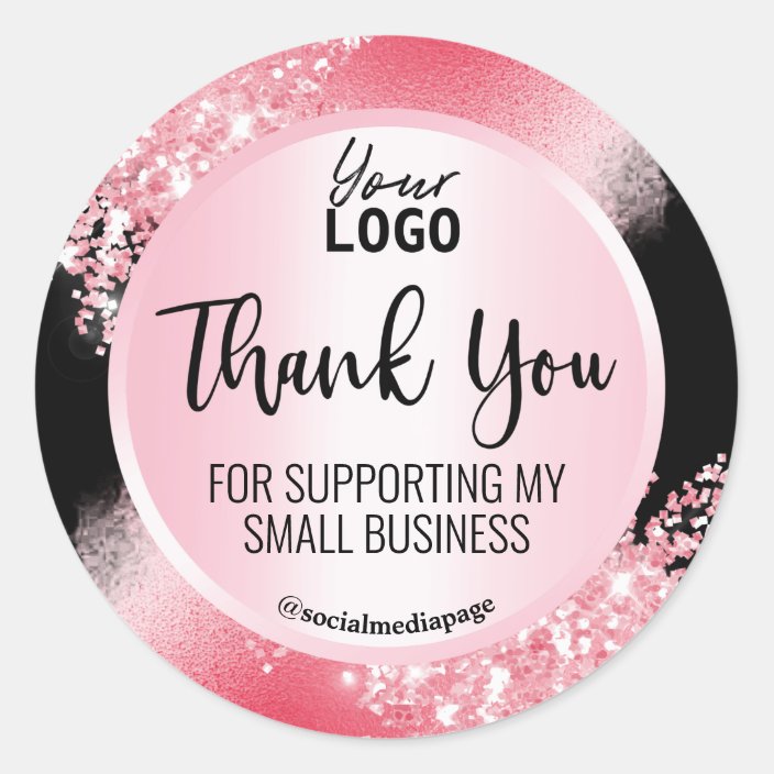 Glamourous Pink Glitter On Black Thank You Logo Classic Round Sticker ...