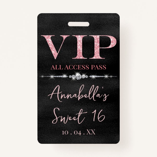 Glamourous Pink Glitter on Black VIP ID Badge (Front)