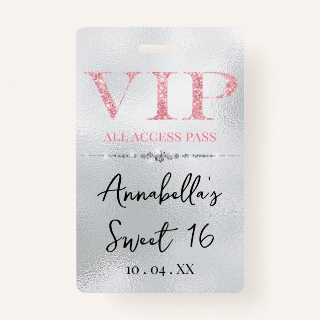 Glamourous Pink Glitter on Silver VIP ID Badge (Front)